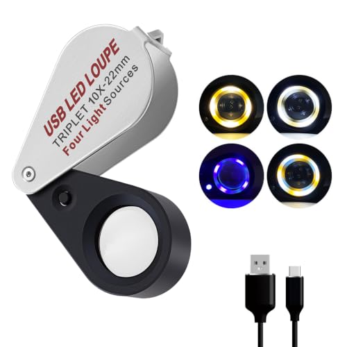 10X Rechargeable Jewelers Loupe Magnifier with UV & LED Lights, Four Types of Light, 22mm Triplet Lens, Pocket Eye Loupe Jewelry Loop Magnifying Glass for Diamond, Gemstone, Currency, Coins, Stamps - size: 10x Silver
