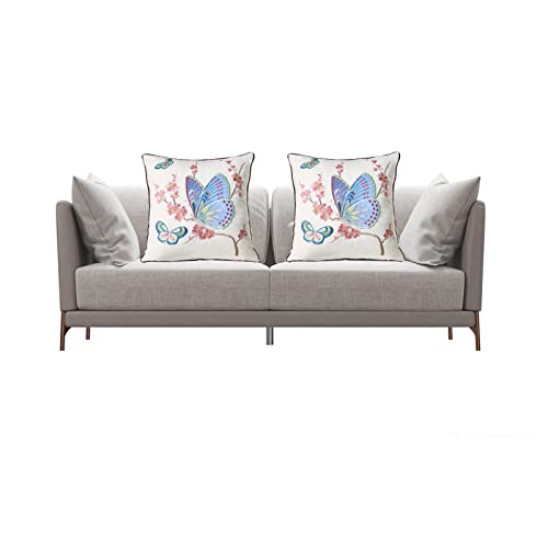 Set of 2 Embroidered Decorative Throw Pillow Covers Couch Square Pillowcases Cushion for Bedroom Sofa Farmhouse Decor 18x18 Inch (Blue Butterfly) - color: Blue Butterfly