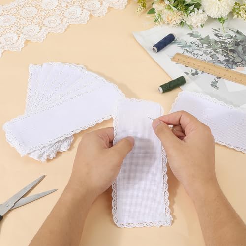 1 Box 10Pcs Cross Stitch Blank Bookmarks Embroidery Needlework Fabric 8 Inch Lace Edge Rectangle White Reading Linen Bookmark Felt Backing for Readers Beginners Crosstitch DIY Craft Supply