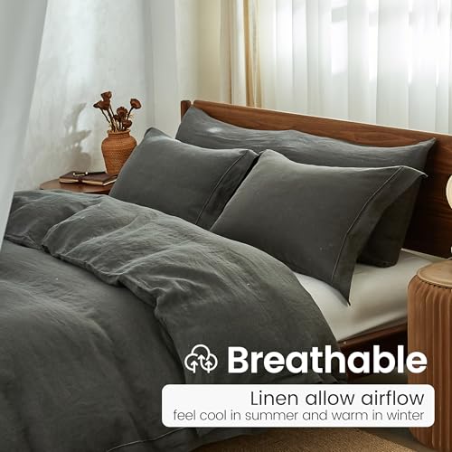Simple&Opulence 100% French Linen Pillowcases with Embroidery – Pack of 2, Washed Solid Color Natural Flax, Soft & Breathable - Dark Grey, 20'' x 26'' - color: Dark Grey, size: Queen