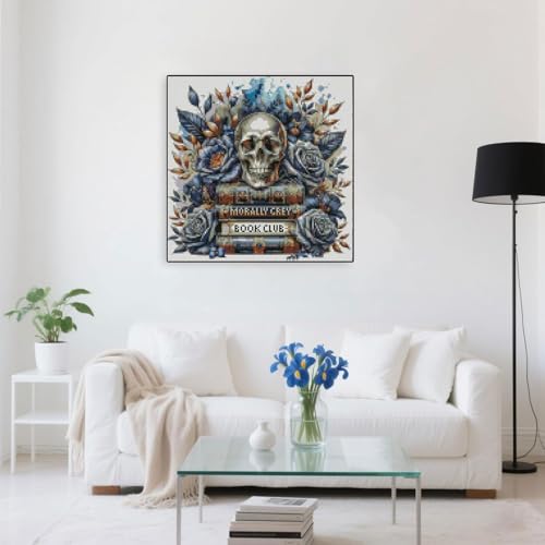 Skull Stamped Cross Stitch Kits Skull and Book Cross Stitch Patterns,Dimensions Cross Stitch Kits Embroidery Kit Arts and Crafts for Beginners 13.7x13.7 inch - color: D006