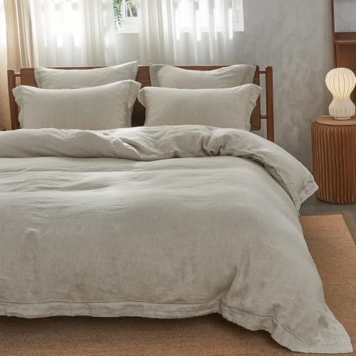 Simple&Opulence 100% Linen Duvet Cover Set with Embroidery Border Washed - 3 Pieces (1 Duvet Cover with 2 Pillow Shams) with Button Closure Soft Breathable Farmhouse - Linen, Full Size - color: Linen, size: Full
