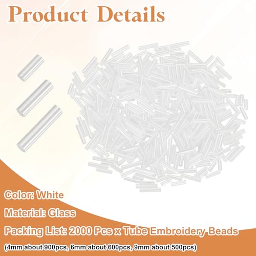 MECCANIXITY 2000pcs Glass Bugle Beads 4/6/9mm Long Tube Cylinder Beads - color: Pearl White
