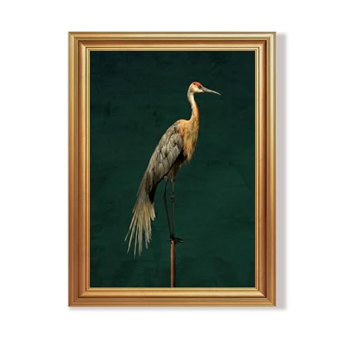 Wojuin Vintage Crane Canvas Framed Wall Art Dark Green Background 12x16 in - color: Crane, size: 16"L x 12"W