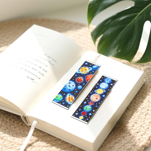 FREEBLOSS 6 Set Cross Stitch Bookmark Kit Planets Pattern Stamped Cross Stitch Kit 11CT Embroidery Kits with Instructions for Beginners Adult 20x6cm/8x2.4inch - style: Universal UFO