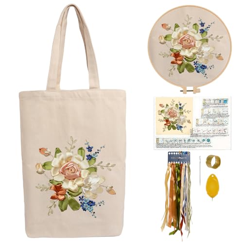 CREAWONDER Canvas Tote Bag Embroidery Kit with Pattern for Beginners, Arts and DIY Embroidery Crafts Kits for Adults, Include Instructions, Embroidery Hoops, Color Threads and Tool - color: CR002 xiaoqingxin06 white