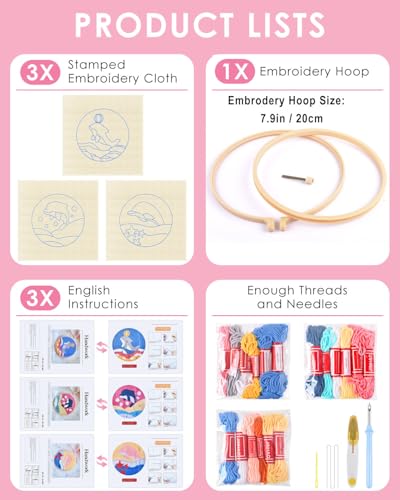 TINDTOP Punch Needle Kits, 3 Pack Punch Needle Embroidery Kits for Adults Beginner, Tool with Punch Needle Fabric, Hoops, Yarns and Sewing Needles (Dolphin) - color: Dolphin