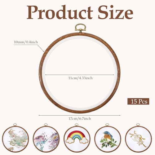 AOZUO 15 Pcs 4 Inch Round Embroidery Hoops, Imitated Wood Embroidery Frame Cross Stitch Circle Rubber Hoop Ring for Art Craft Sewing and Hanging Ornaments Decor Display