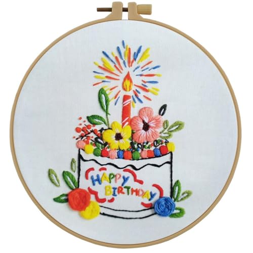 Esffaci Embroidery Starter Kit for Adult Beginner with Birthday Cake Flowers Pattern Hand Embroidery Set with Cloth Hoop Needle Threader Floss and Instruction - color: Birthday Cake