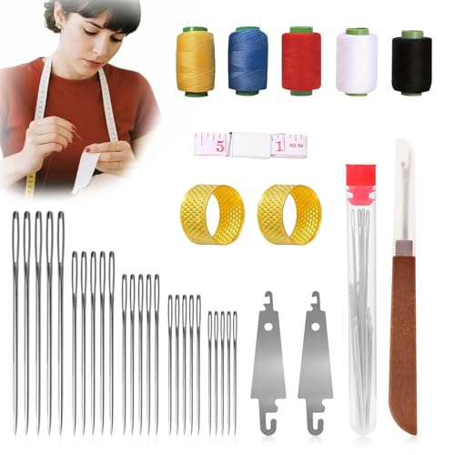 Iemtic Sewing Tool Set, Big Eye Steel Sewing Needle Kit, Threader and Needle Repair Kit Stainless Steel Needles for Hand Sewing (37PCS)