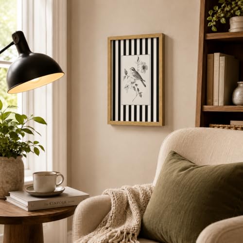 Framed Black and White Striped Flower Bird Sketch Wall Art Bathroom Decor - color: Bird Flower, size: 16"L x 12"W