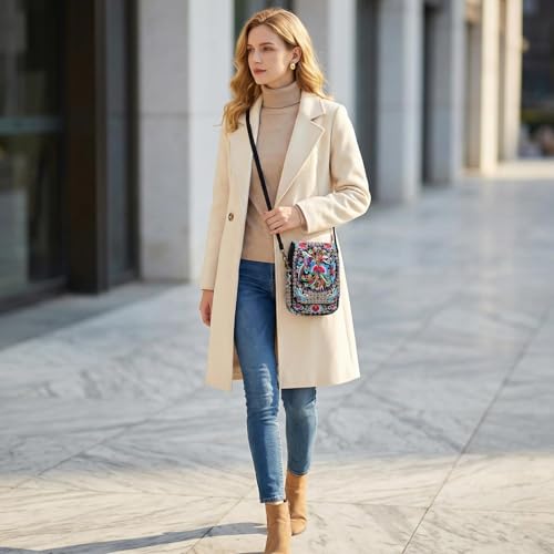 Embroidery Flowers Canvas Crossbody Bag, Women Messenger Bag, Cellphone Pouch Purse - color: Red