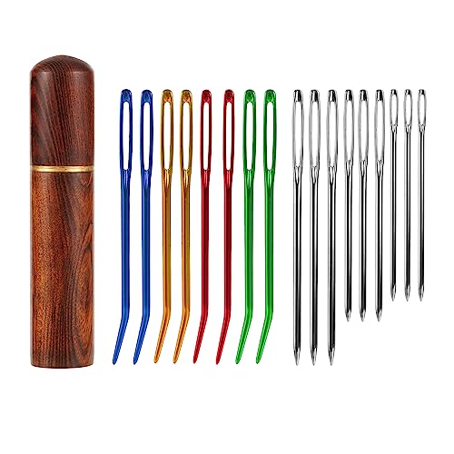 17pcs Large Eye Sewing Needles Kit, Stainless Steel Large-Eye Blunt Needles & Bent Tapestry Needles, Sharp Tapestry Needles Hand Knitting Needles with Wooden Needle Case for Crochet Projects