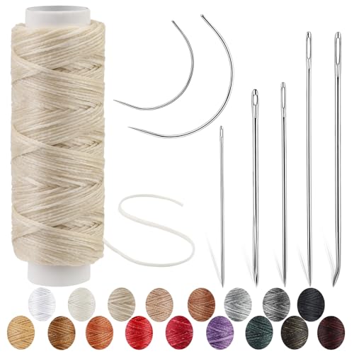 Waxed Thread with Needles 32 Yards, 150D Flat Sewing Waxed Thread - color: Beige, size: 32Yard