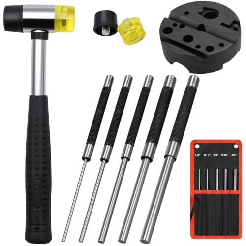 5pcs 8in Pin Punch Set, Including Storage Pouch, Bench Block and Hammer