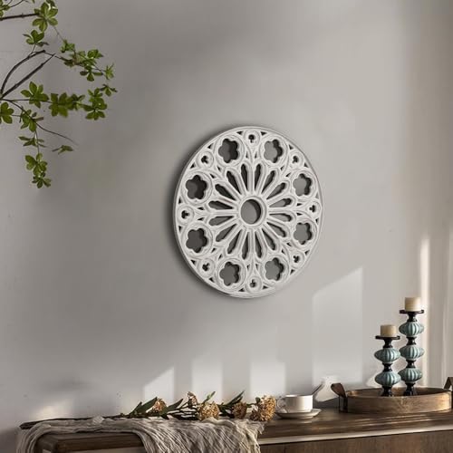 XIAOAIKA Round Hand-Carved Wood Wall Art, Floral Geometric Design, 16 Inch - color: White-7
