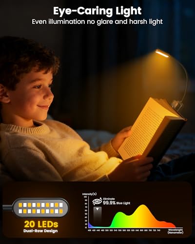 Glocusent 20 LED Reading Lights for Books in Bed, Eye Caring Reading Light - color: Black, size: Upgraded