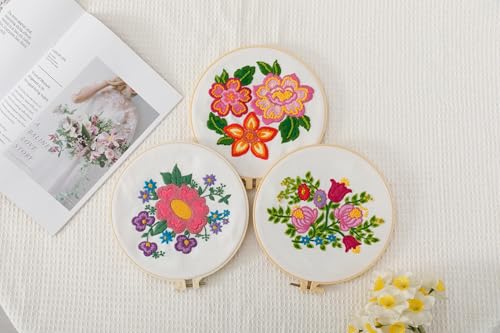 Embroidery Kit for Beginners – Set of 3 Floral Patterns with Hoops, Threads, Needles & Instructions, DIY Hand Embroidery Starter Kit for Adults