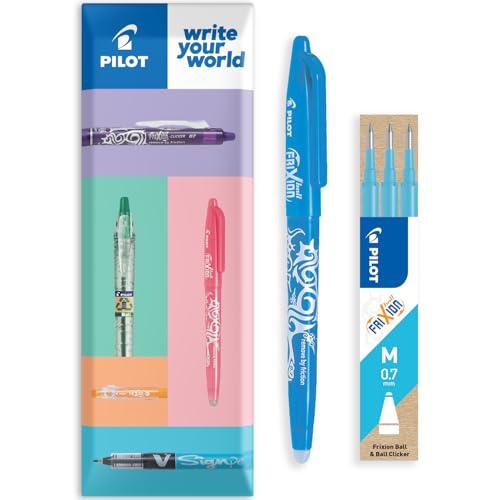 Pilot Frixion Heat/Friction Erasable Rollerball Pen FR7 - Medium Line 0.7mm Tip Nib - Wallet Pack of 1 Pen + 3 Refills (Light Blue) - color: Light Blue