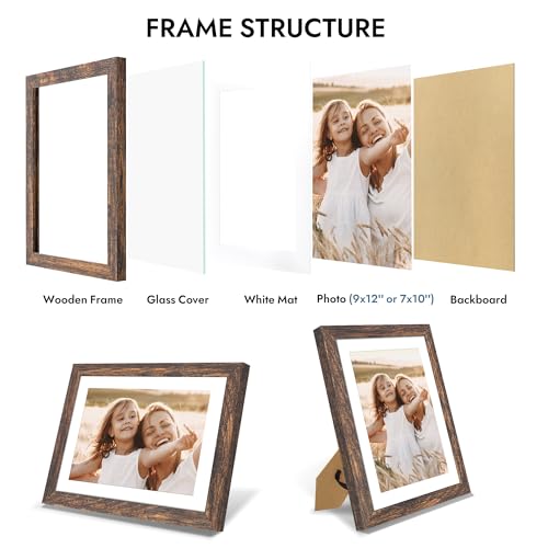 Hongkee 9x12 Picture Frame with Real Glass, Wood Frame, 1 Pack (Mat 7x10) - color: Rustic Brown, size: 9X12 in
