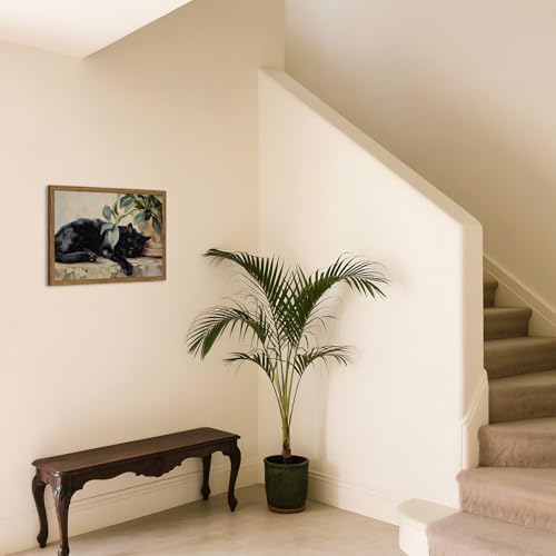 Framed Black Cat Canvas Wall Art, Vintage Sleeping Cat with Plant Picture Wall Decor Paintings, Cute Animal Poster Prints Rustic Aesthetic Home Decor for Living room Bedroom Bathroom 12x16 inch - color: Black Cat, size: 16"L x 12"W