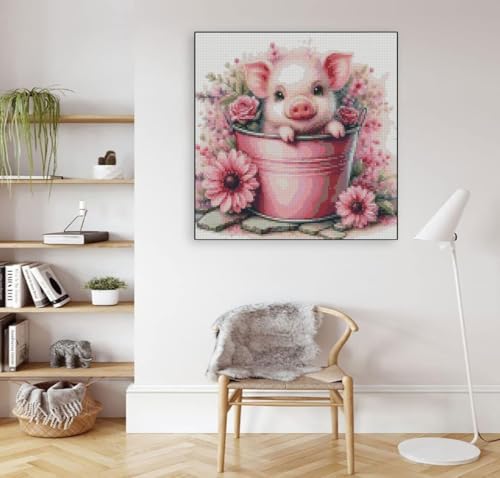 Cute Pig Stamped Cross Stitch Kits for Adults Beginner, Flowers Dimensions Needlepoint Art Crafts Embroidery Kits for Adults Beginners 13.7x13.7 inches - color: D061