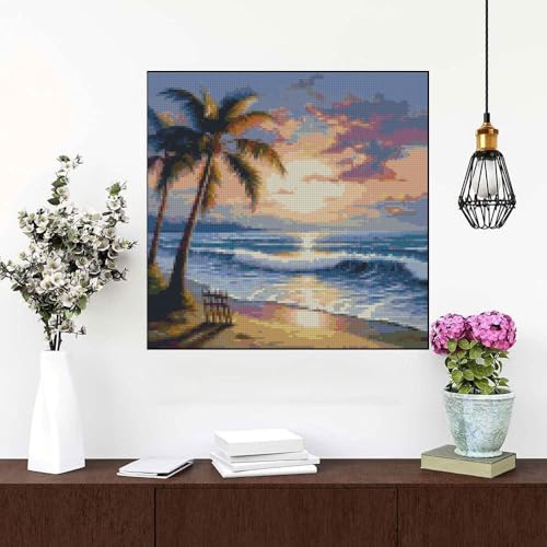 Beach Sunset Stamped Cross Stitch Kits - Tree Counted Cross Stitch Kits for Beginners Adults Needlepoint Cross-Stitch Patterns Dimensions Needlecrafts Embroidery Kits Arts and Crafts 13.7x13.7 Inches - color: D018