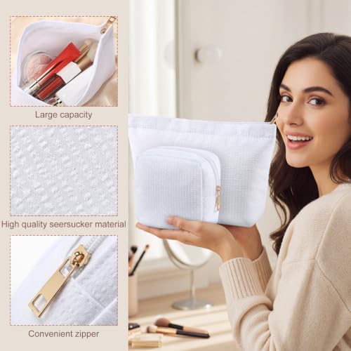 Sanwuta 4 Pcs Seersucker Pouch Striped Makeup Bag Set, White - color: White