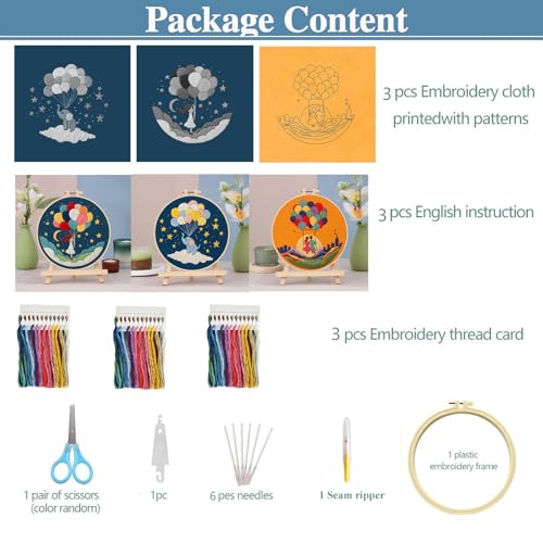 FEIYUENO 3 Sets Embroidery Starter Kits for Beginners Adults (Ballon) - color: Balloon