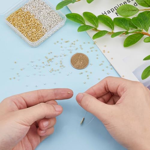 DICOSMETIC 4000Pcs 2mm Tiny Cylinder Glass Seed Beads Gold Silver Round Seed Beads 2 Colors Small Loose Spacer Craft Bead Metallic Glass Bead for Bracelet Necklace Earring Jewelry Making
