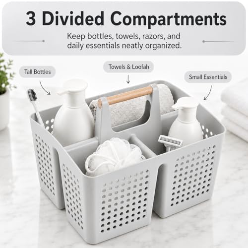 Portable Shower Caddy Basket with 3 Compartments and Handle, Light Gray - color: Light Gray