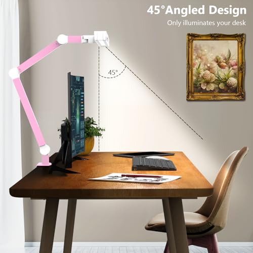 Micomlan Architect Desk Lamp for Home Office, Pink Desk Lamp with Clamp for Working, 24W Bright Rotatable Led Table Light Stepless Dimming Tempering Wide Computer Light for Crafting Puzzle Hobby - color: Pink