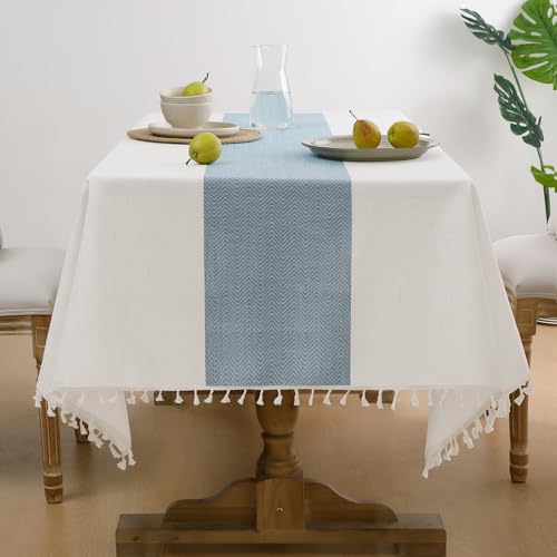 Softalker Outdoor Linen Square Tablecloth with Tassel, 55 x 55 Inch - color: Blue Stripe, size: 55" x 55" (Square)