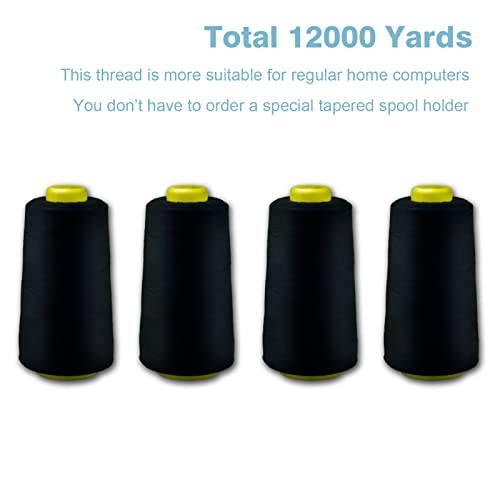 Black Serger Thread, All-Purpose Thread for Sewing, Polyester, 4 Cones of 3000 Yards Each Spool for Sewing Machine - color: 4 black