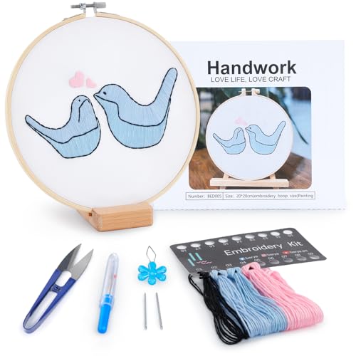 Embroidery Kit for Adult Beginners, Small Birds Embroidery Kit with Step-by-Step Instructions and Video, Printed Cloth, 7.87" Hoop, Display Stand, Color Threads and Tools for Craft Lover(BED005) - color: Blue birds