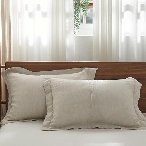 Simple&Opulence 100% French Linen Pillowcases with Embroidery – Pack of 2, Washed Solid Color Natural Flax, Soft & Breathable - Linen, 20'' x 26'' - color: Linen, size: Queen