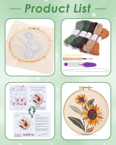 ERKOON Punch Needle Kit Beginners Adults, DIY Easy Flower Embroidery Set for Starter Art Craft, Needling Punching Project with Patterns, Tools, Yarns, Hoop, Instruction (Sunflowers) - color: Sunflowers