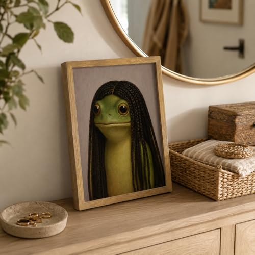 Whimsical Frog Wall Art Funny Braids Frog Framed Picture for Bathroom Decor - color: Frog Braids, size: 16"L x 12"W