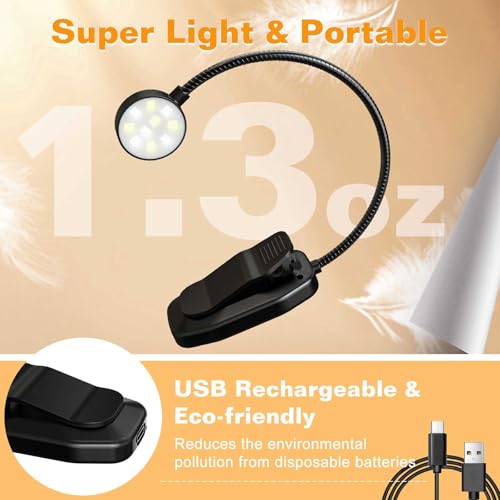 KTEBO Rechargeable Book Light for Reading in Bed, Eye Caring Book Reading Lamp with 10 LED Modes, 1.3 oz Lightweight Portable Clip on Light, 360 Adjustable Clamp Light Perfect for Readers - color: 1 Black