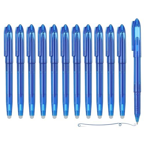 PATIKIL 12Pcs Erasable Gel Pens, 0.5mm Fine Point Heat Erasable Marking Pen with Cap Smooth Writing Fabric Markers for Sewing Drawing Writing Planner, Blue Ink - color: Blue