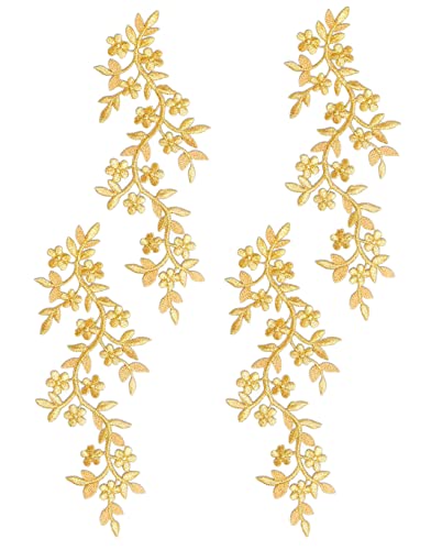 4 Pieces 10x5inch Long Patch Flower Vine with Leaf Iron on Patch Embroided Applique for Garment Curtain Pillow Blanket Trimming Shoes Jeans Clothing Embelishments (Gold) - color: Gold