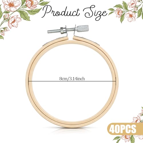 40 Pieces 3 Inch Embroidery Hoops Adjustable Bamboo Circle Cross Stitch Hoop Ring Circle Mini Embroidrey Hoops for Embroidery Art Craft Sewing