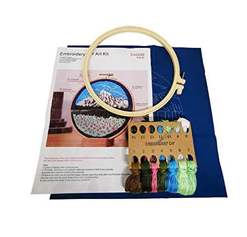 SUQUUB 3 Sets Embroidery Starter Kit with Pattern and Instructions,Cross Stitch Beginner Kits with Frame,3 Plastic Embroidery Hoops,3 Embroidery Clothes and Color Threads (3X Landscape Pattern) - color: 3X landscape pattern
