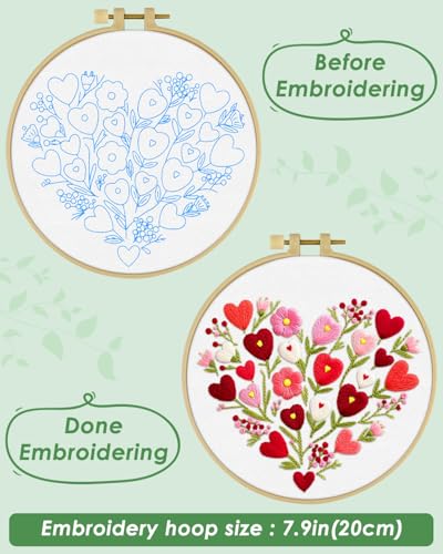 ERKOON Embroidery Kit for Beginners Adult, Flower Cross Stitch Set Include Embroidery Cloth Hoops Threads for Craft Lover Hand Stitch with Embroidery Skill Techniques (Heart) - color: Heart