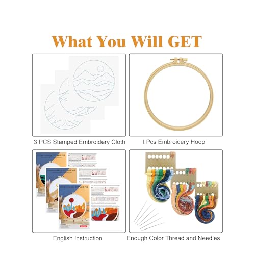 GLTAYLMY Embroidery Kits for Beginners Adults, Stamped Cross Stitch Kits for Adult Beginners Embroidery Starter Kit with Pattern, 3 Embroidery Hoop and Fabric, Needles Threads - color: Landscaping1