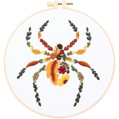 Fall Spider Embroidery Kits for Beginners Adults, Autumn Halloween Embroidery Starters Kits, Stamped Cross Stitch Kits Needlepoint Kits for Beginners Adults, Embroidery Hoop, Thread and Video Tutorial - color: H2128