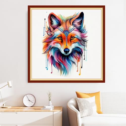 Disxvivy Cross Stitch Stamped Full Embroidery Kits DIY 11CT Cotton Thread Printed DIY Needlepoint Kits Craft Needlework Set Cross-Stitch Stamped Sets- Rainbow Wolf 18x18 inch - color: Artstyle22