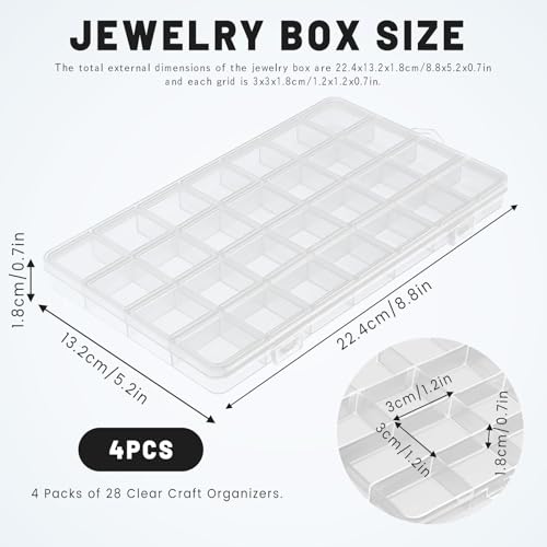 4Pcs 28 Grids Bead Organizer Box, Craft Organizers and Storage, Clear Bead Storage Containers with Fixed Dividers for Fishing Tackle Jewelry Screw Small Parts