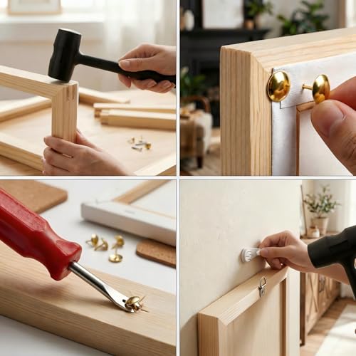 12PCS Stretcher Bars for Needlework, 3 Sizes (8", 12", 16") Wooden Needlepoint Stretcher Bars with Rubber Mallet, Screwdriver & Hanging Kit, Complete Embroidery Canvas Frame Set for Wall Decor (12)