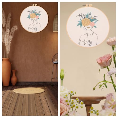 IUHUI Embroidery Kit for Beginners Adults - Fashionable Women Wearing Flowers Easy Patterns, DIY Hand Stitching Embroidery Set with Hoop (Quiet Woman) - color: Quiet Woman